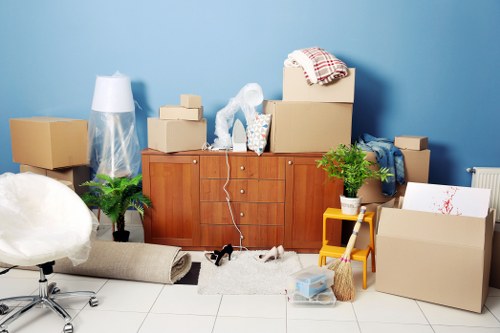 Boxes and packing materials arranged for a Marylebone home move