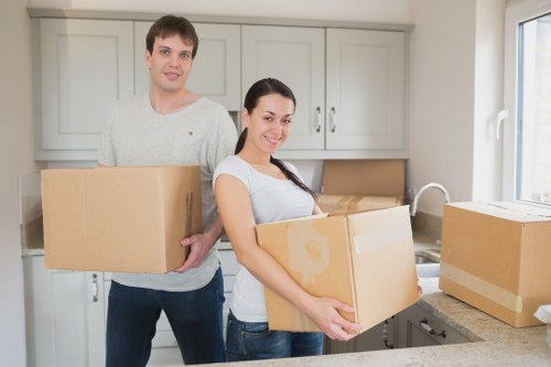 Packed boxes and furniture prepared for a Marylebone house move